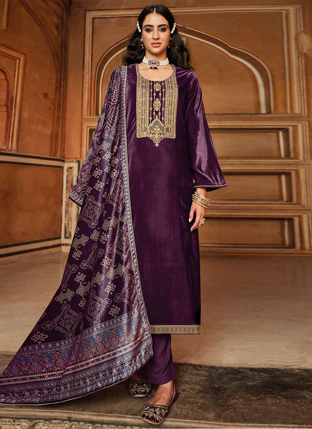 Salwar Suit Velvet Purple Embroidered Salwar Kameez