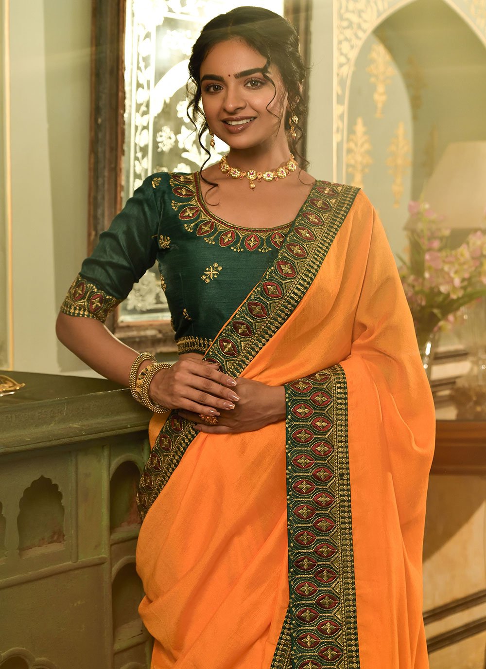 Classic Vichitra Silk Orange Embroidered Saree