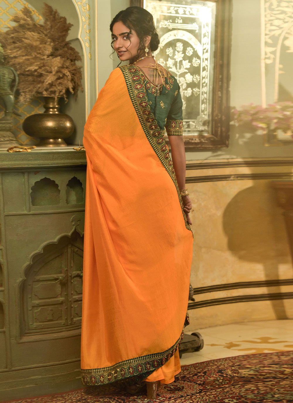 Classic Vichitra Silk Orange Embroidered Saree