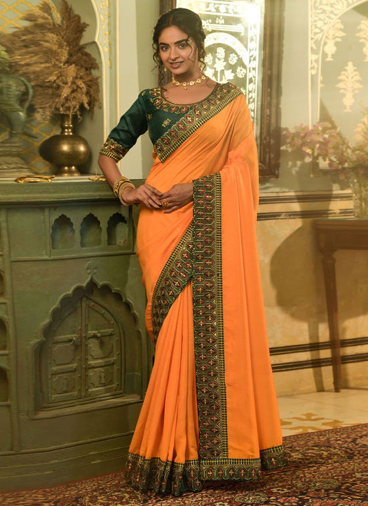 Classic Vichitra Silk Orange Embroidered Saree