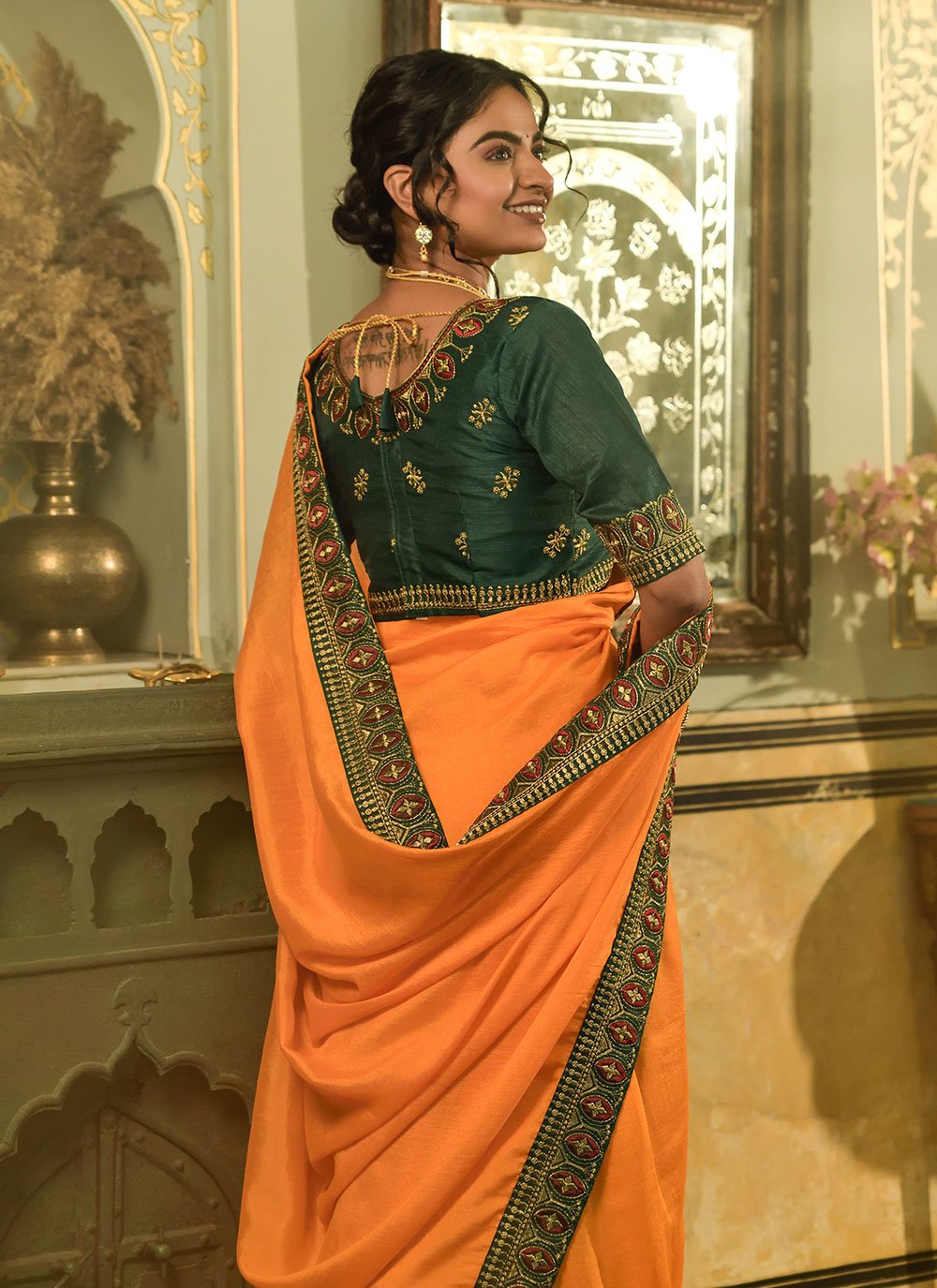 Classic Vichitra Silk Orange Embroidered Saree