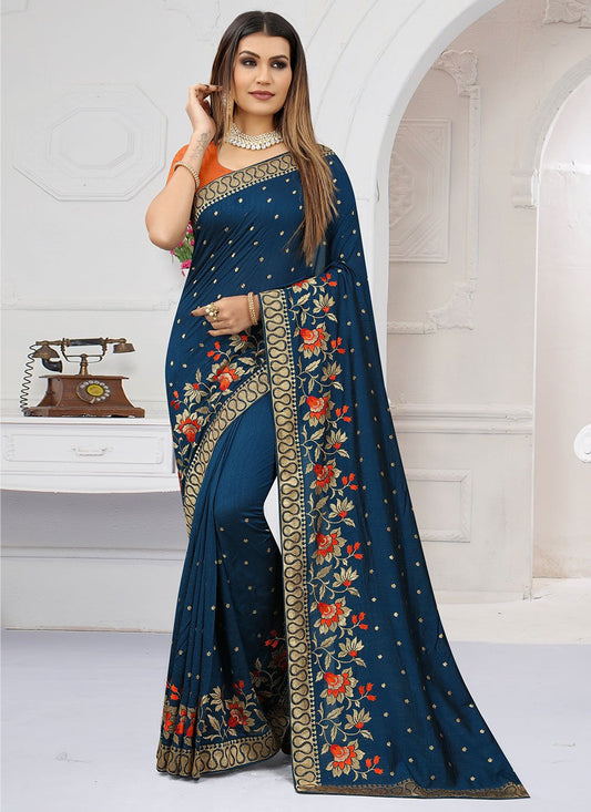 Classic Vichitra Silk Blue Embroidered Saree