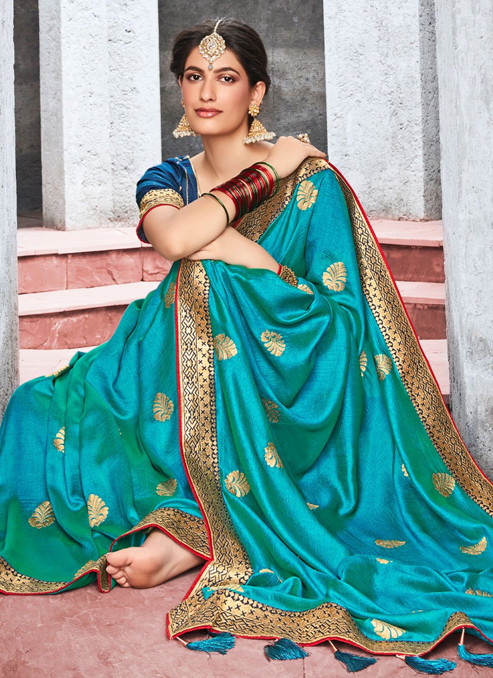 Classic Vichitra Silk Turquoise Embroidered Saree