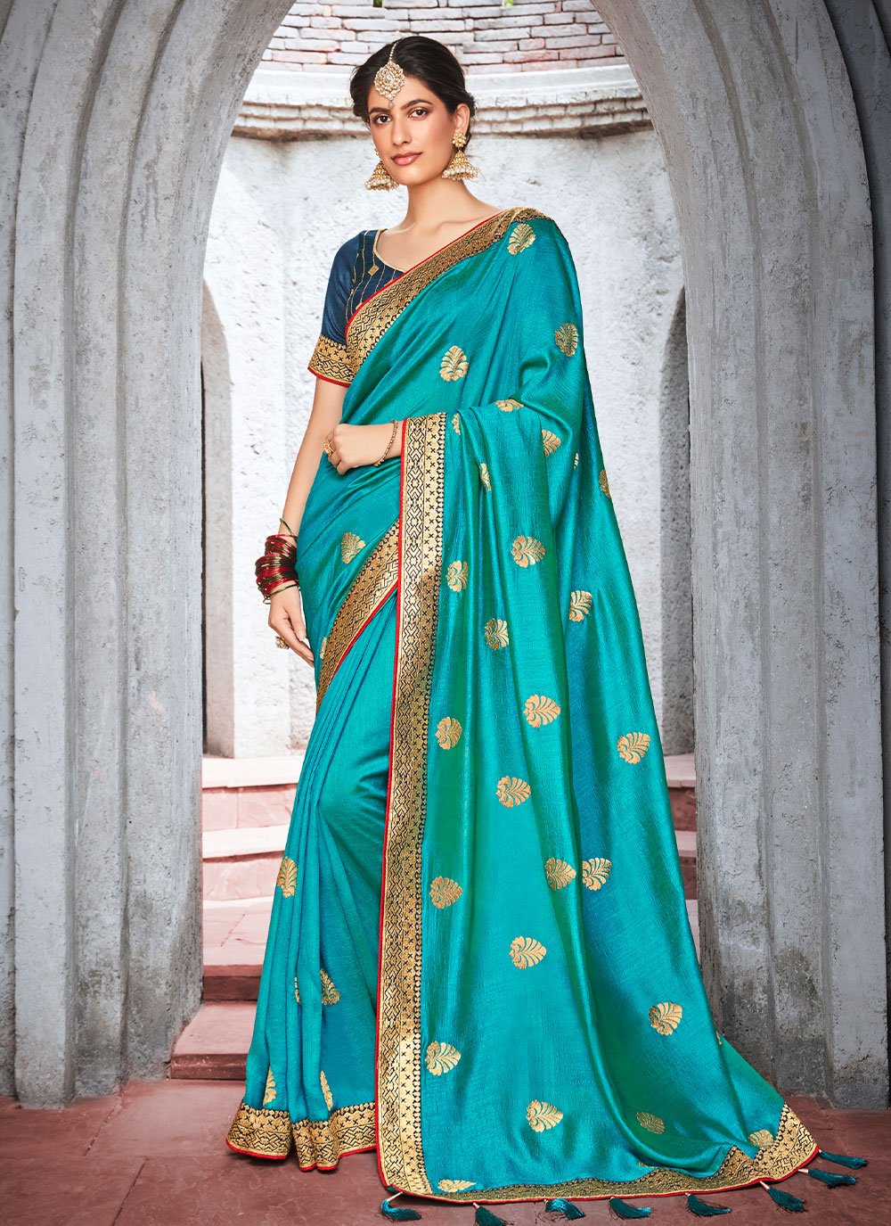 Classic Vichitra Silk Turquoise Embroidered Saree