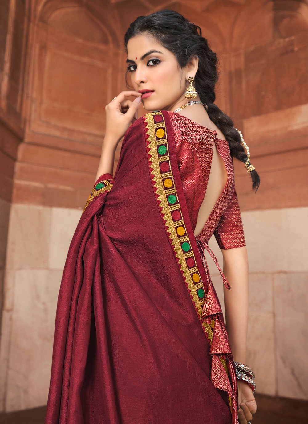 Classic Vichitra Silk Maroon Embroidered Saree