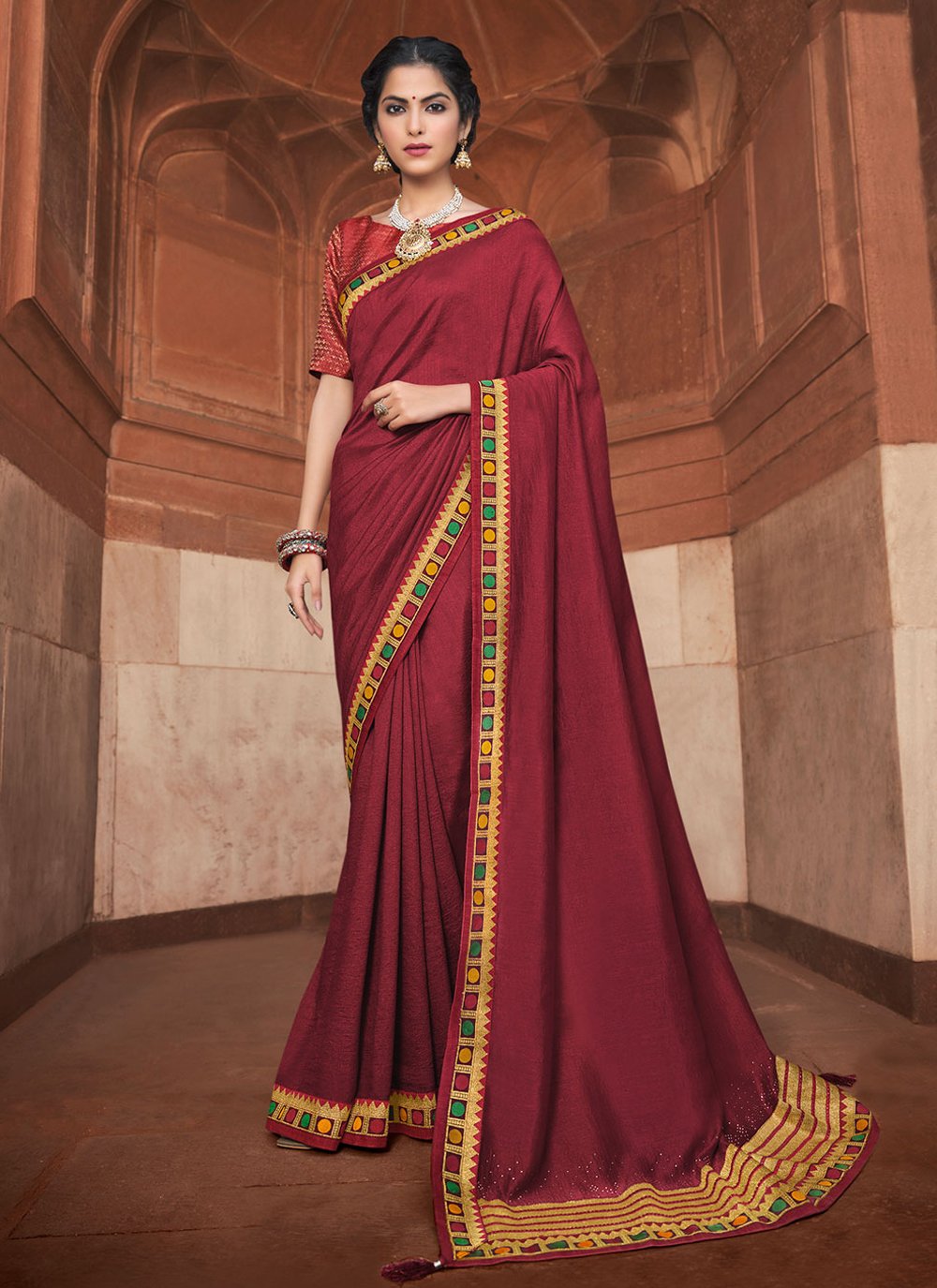 Classic Vichitra Silk Maroon Embroidered Saree