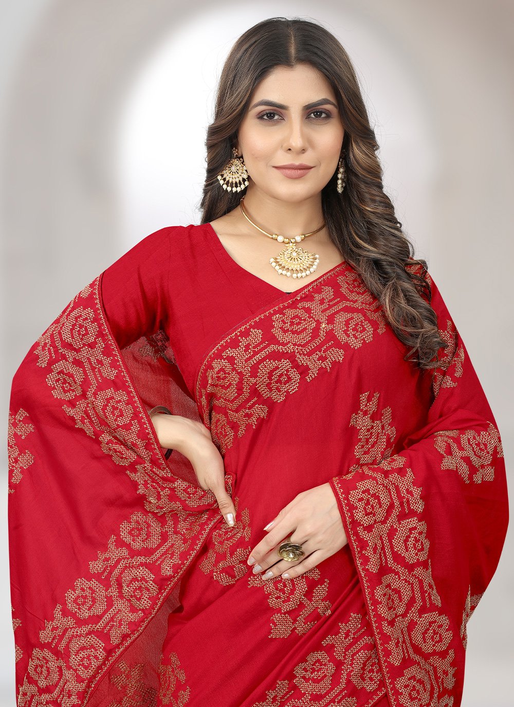 Classic Vichitra Silk Red Embroidered Saree