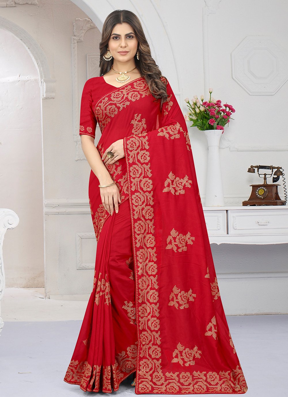 Classic Vichitra Silk Red Embroidered Saree