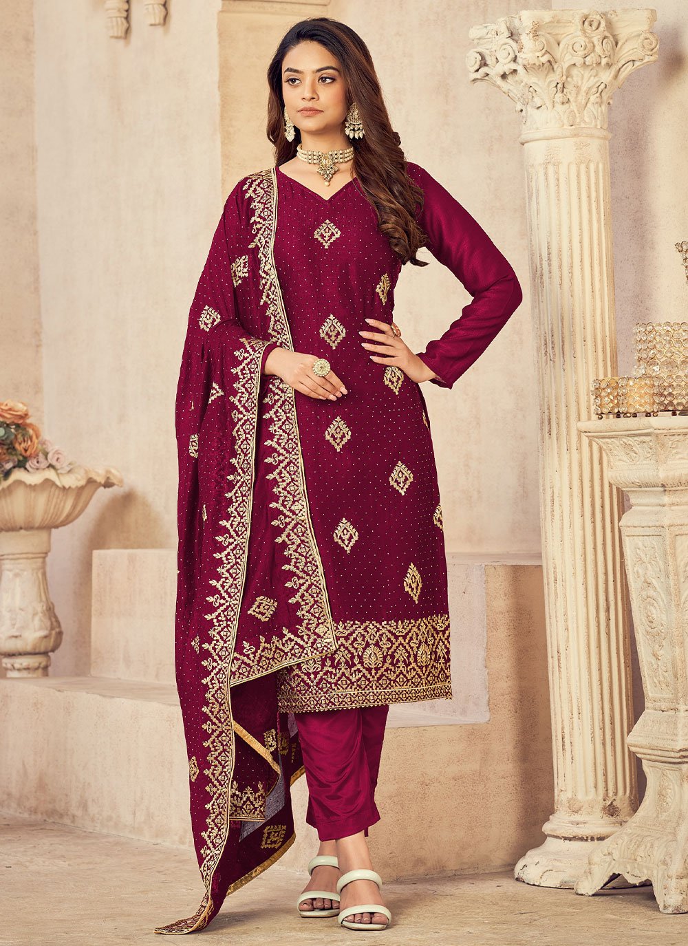 Trendy Suit Vichitra Silk Wine Embroidered Salwar Kameez