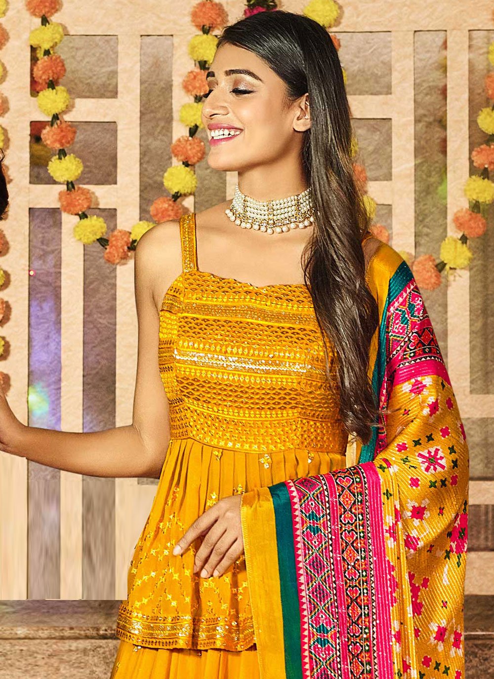 Readymade Lehenga Choli Georgette Viscose Yellow Embroidered Lehenga Choli