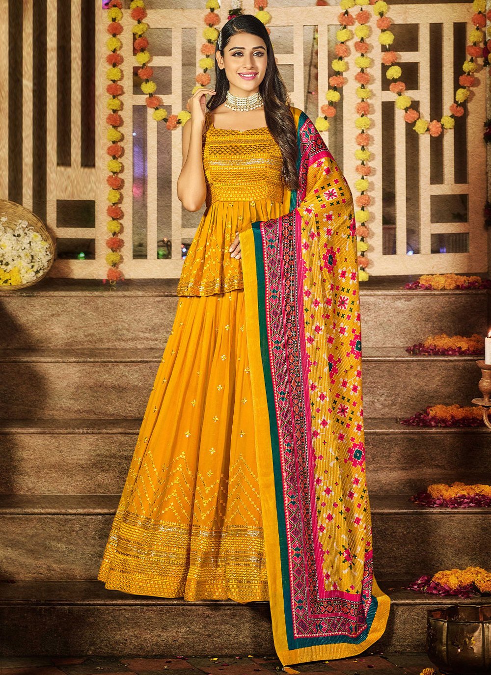 Readymade Lehenga Choli Georgette Viscose Yellow Embroidered Lehenga Choli