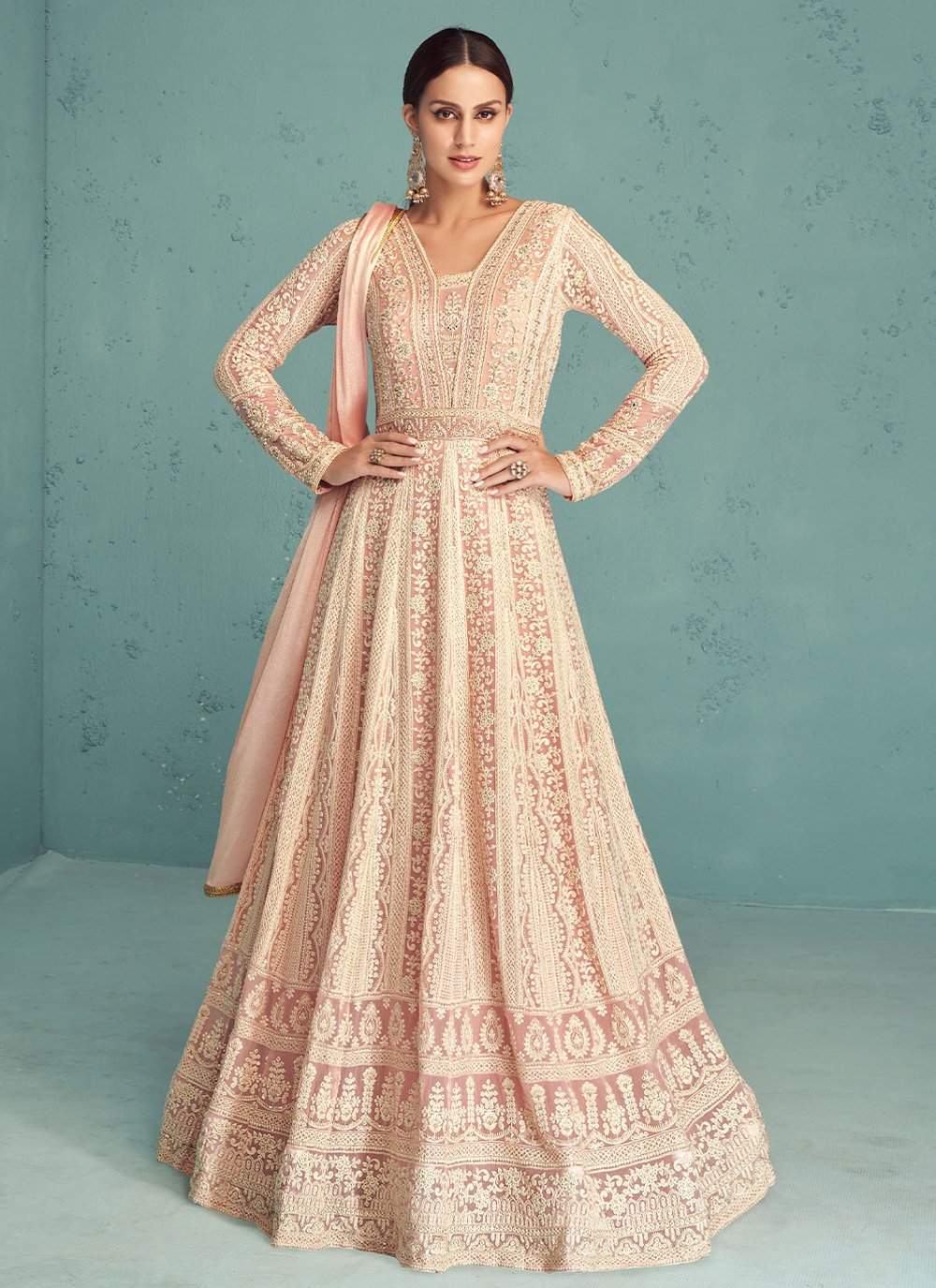 Anarkali Suit Georgette Peach Embroidered Salwar Kameez