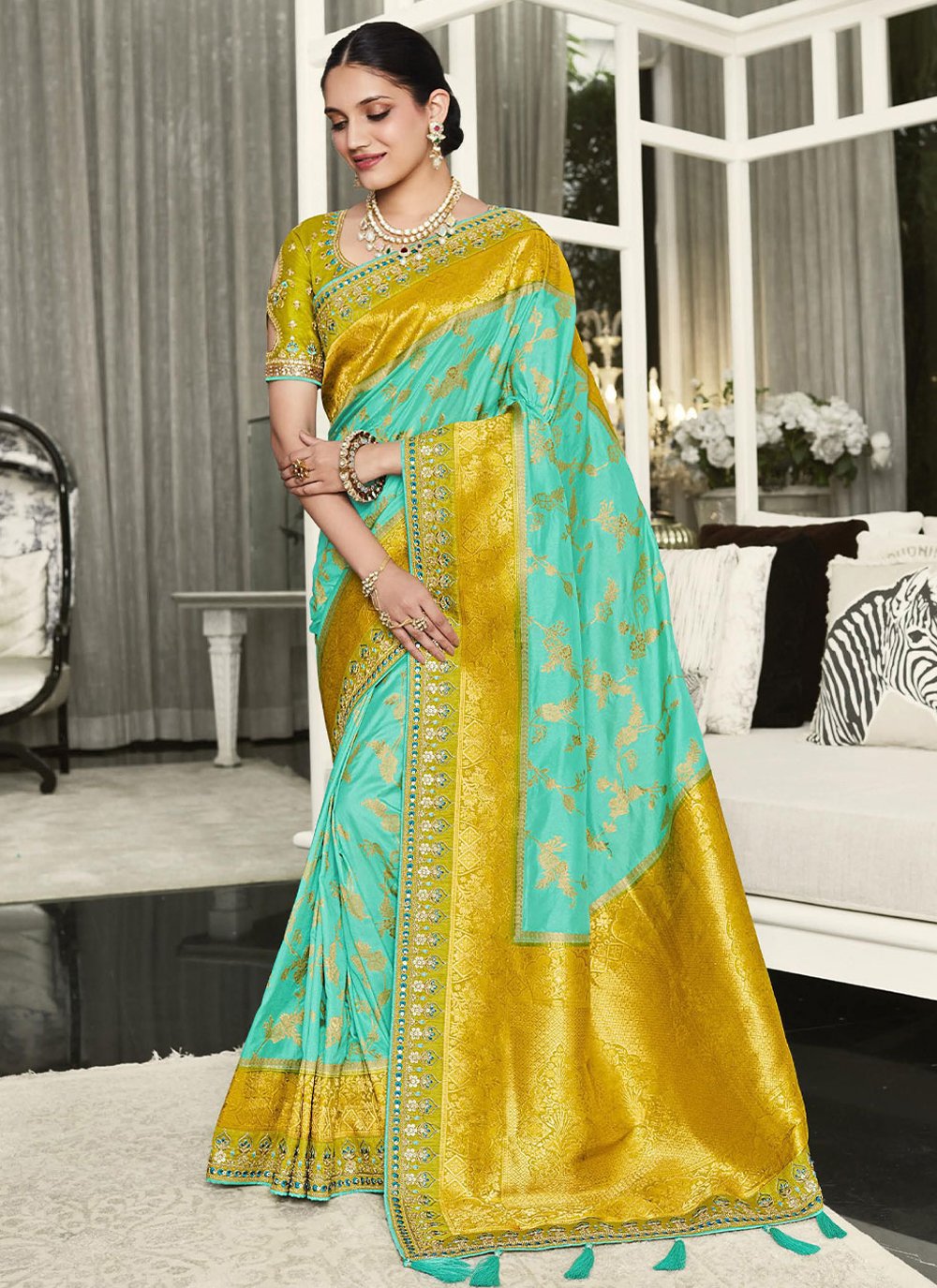 Contemporary Silk Sea Green Embroidered Saree