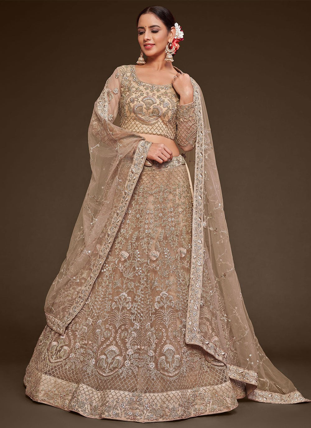 Lehenga Choli Net Beige Dori Work Lehenga Choli