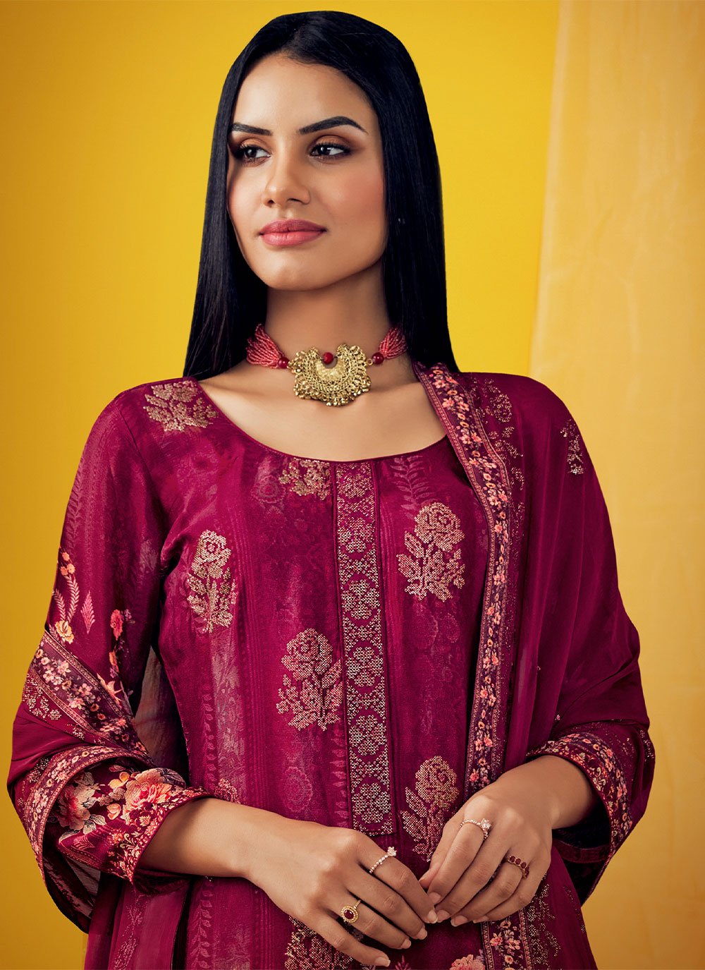 Palazzo Salwar Suit Chiffon Magenta Embroidered Salwar Kameez