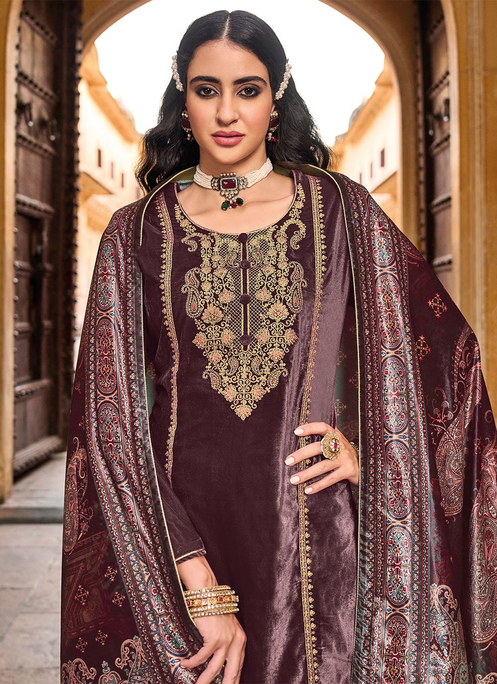 Salwar Suit Velvet Maroon Embroidered Salwar Kameez