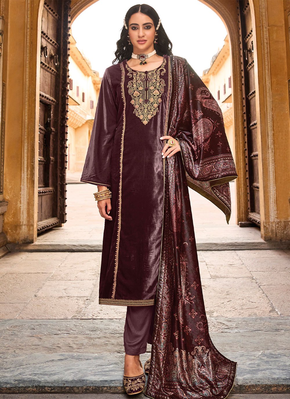 Salwar Suit Velvet Maroon Embroidered Salwar Kameez