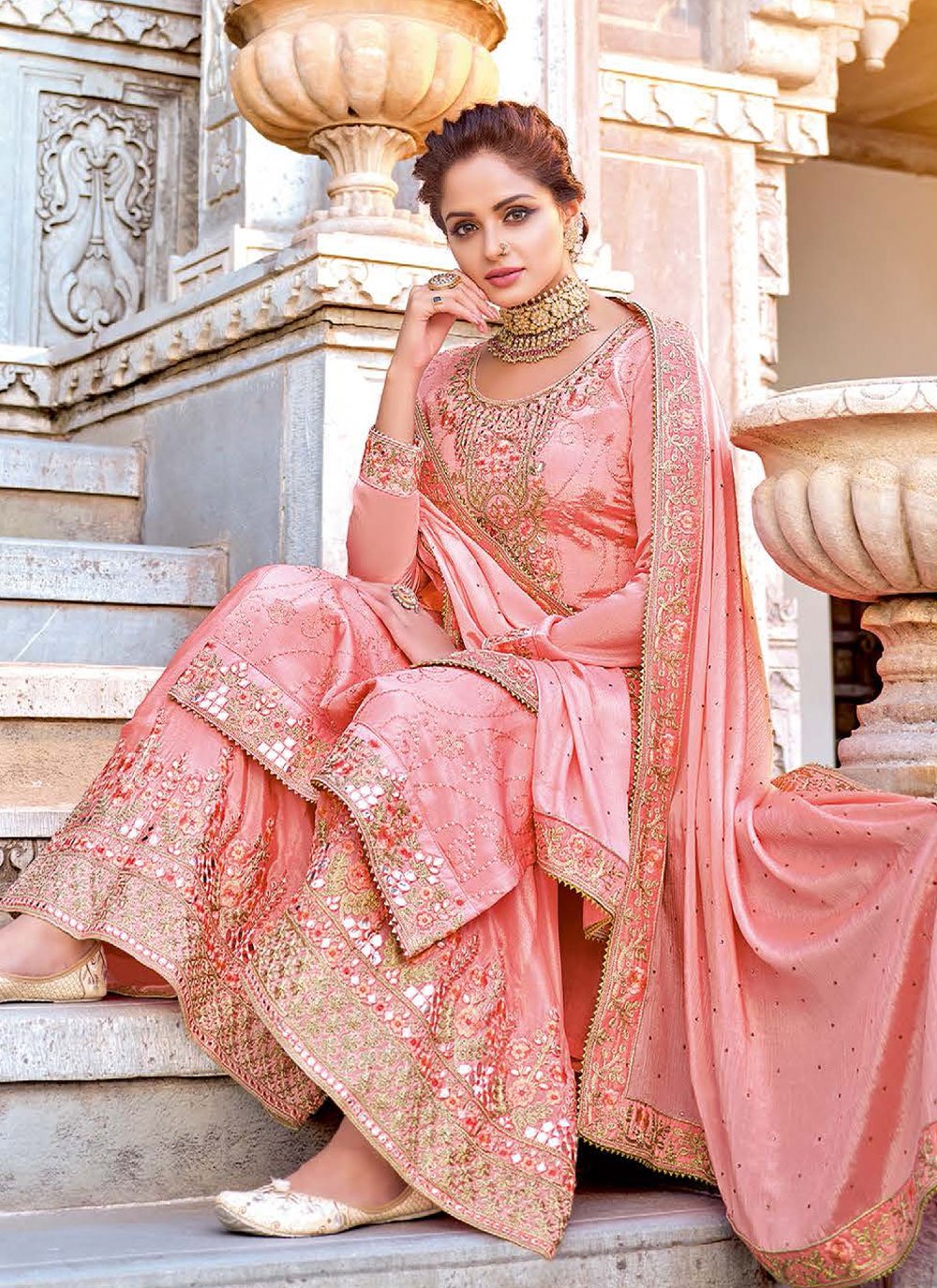 Salwar Suit Chinon Pink Embroidered Salwar Kameez