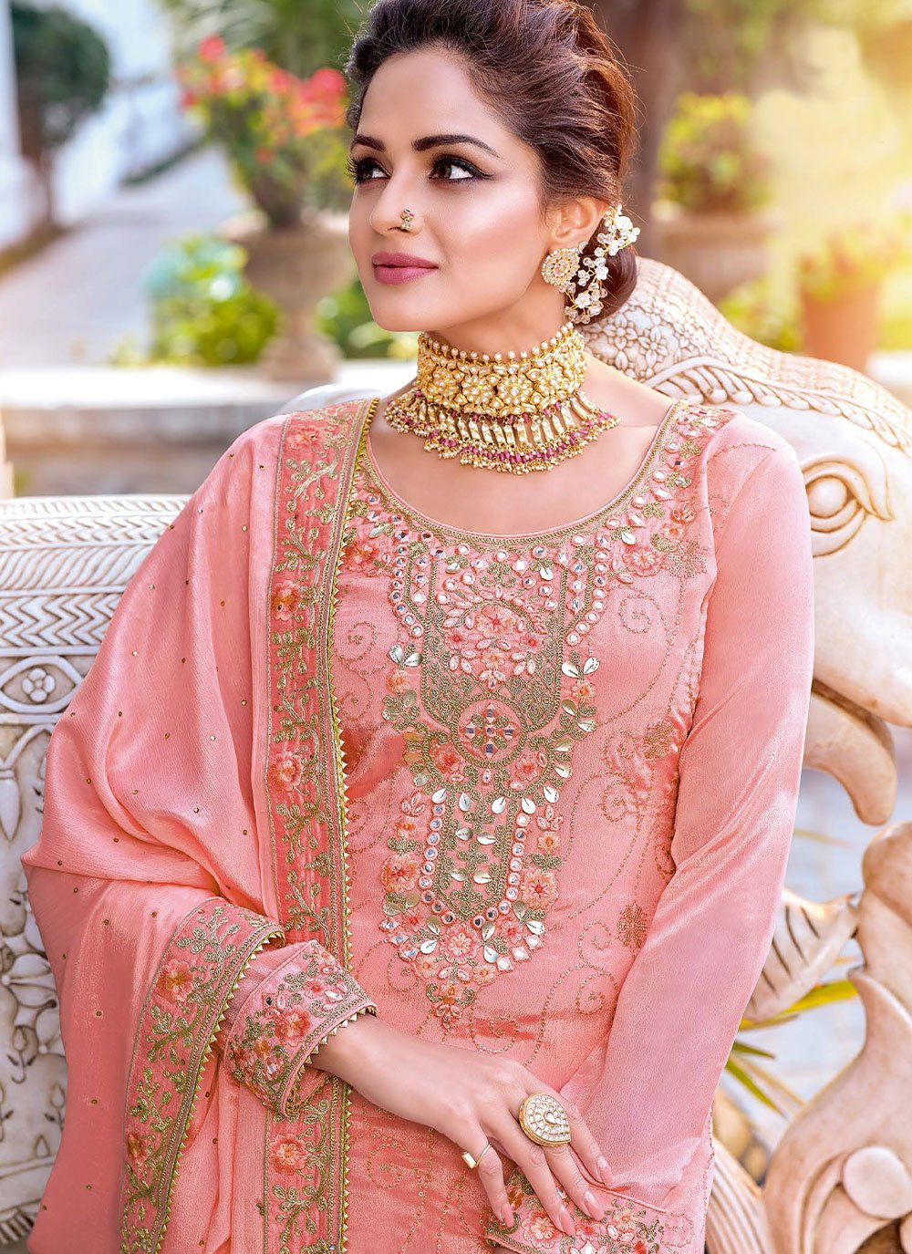 Salwar Suit Chinon Pink Embroidered Salwar Kameez