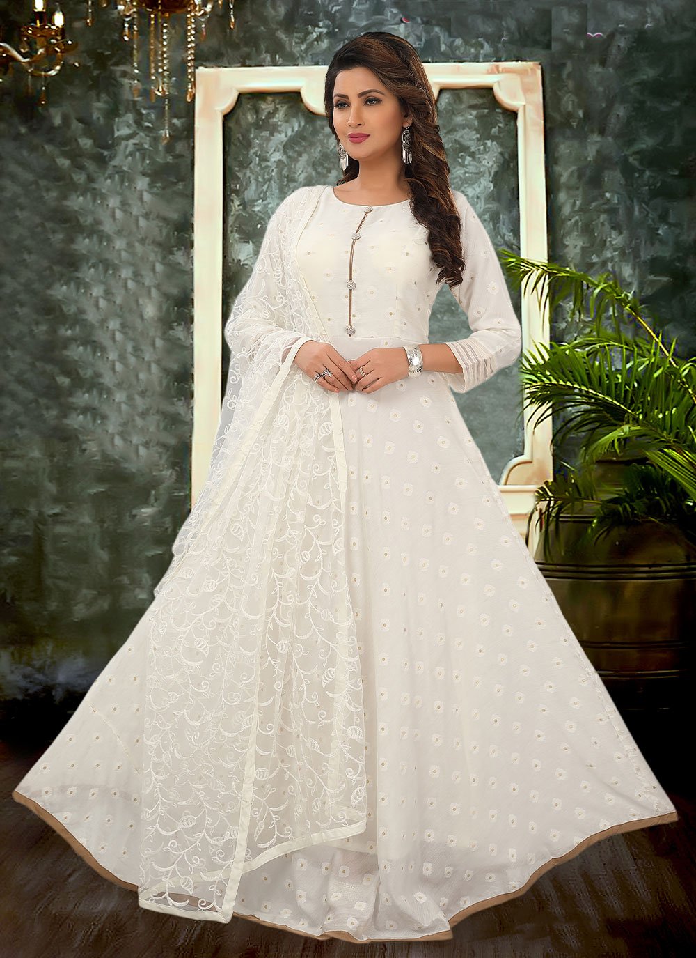 Anarkali Suit Silk White Embroidered Salwar Kameez