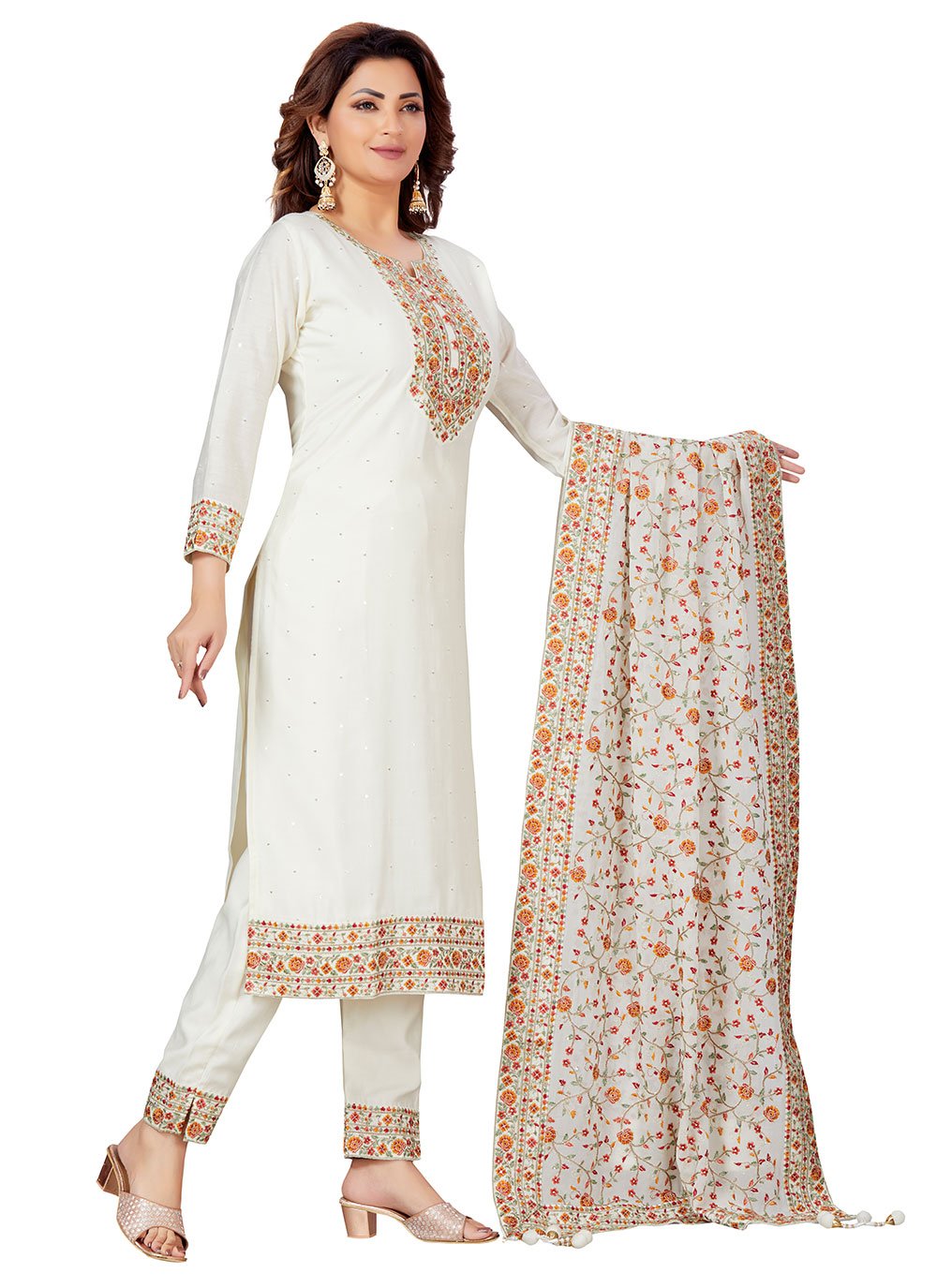 Salwar Suit Chanderi White Embroidered Salwar Kameez