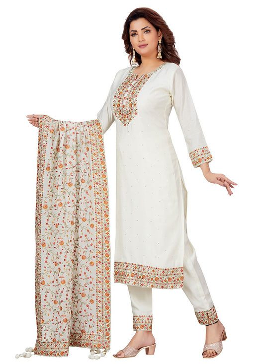 Salwar Suit Chanderi White Embroidered Salwar Kameez