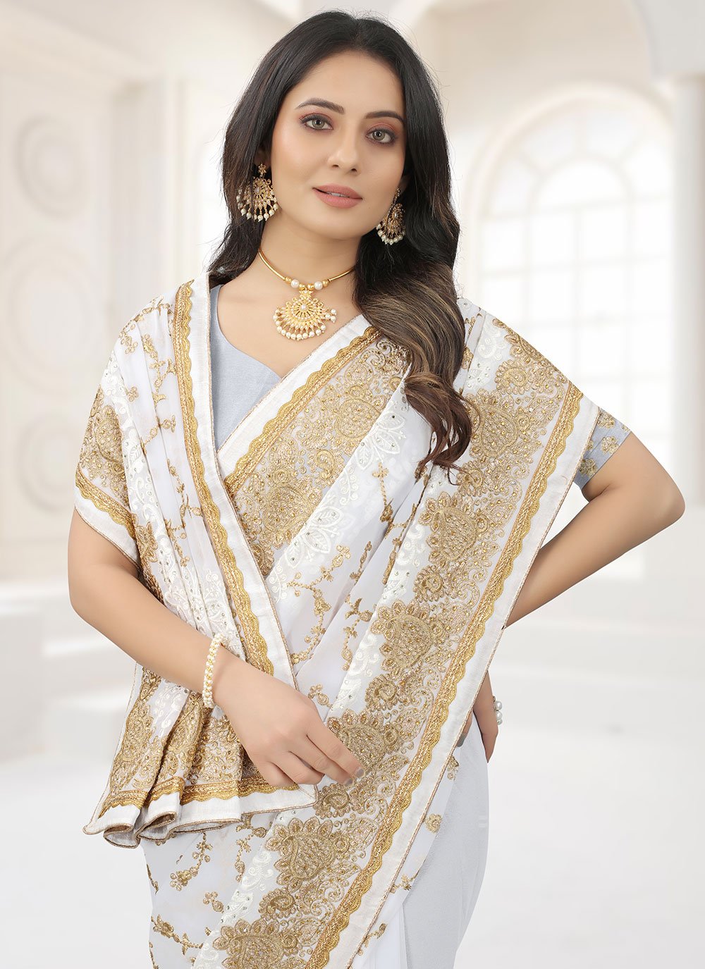 Designer Georgette White Embroidered Saree