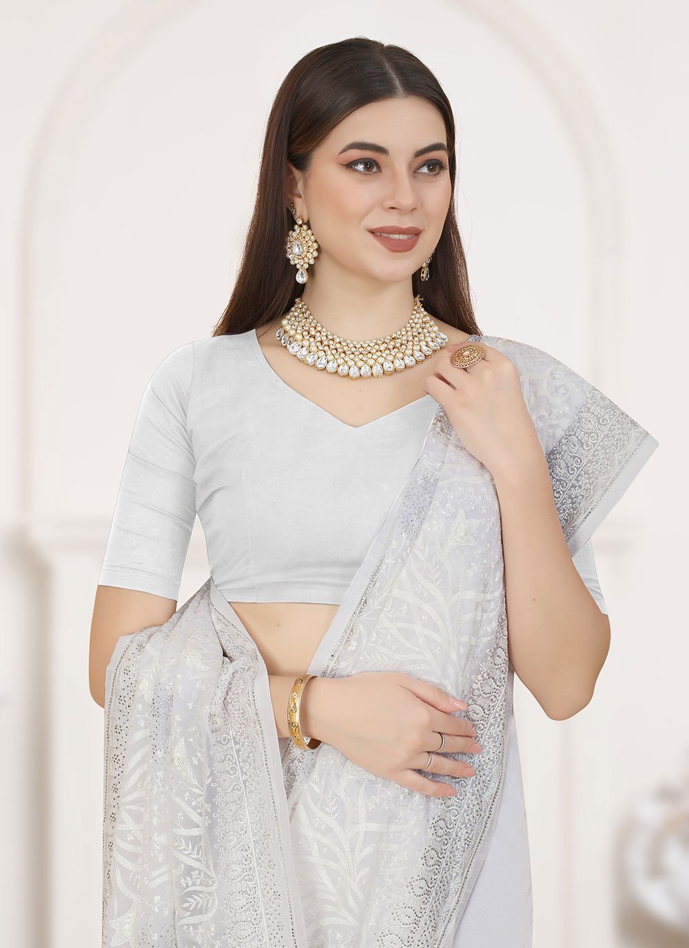 Classic Georgette White Embroidered Saree