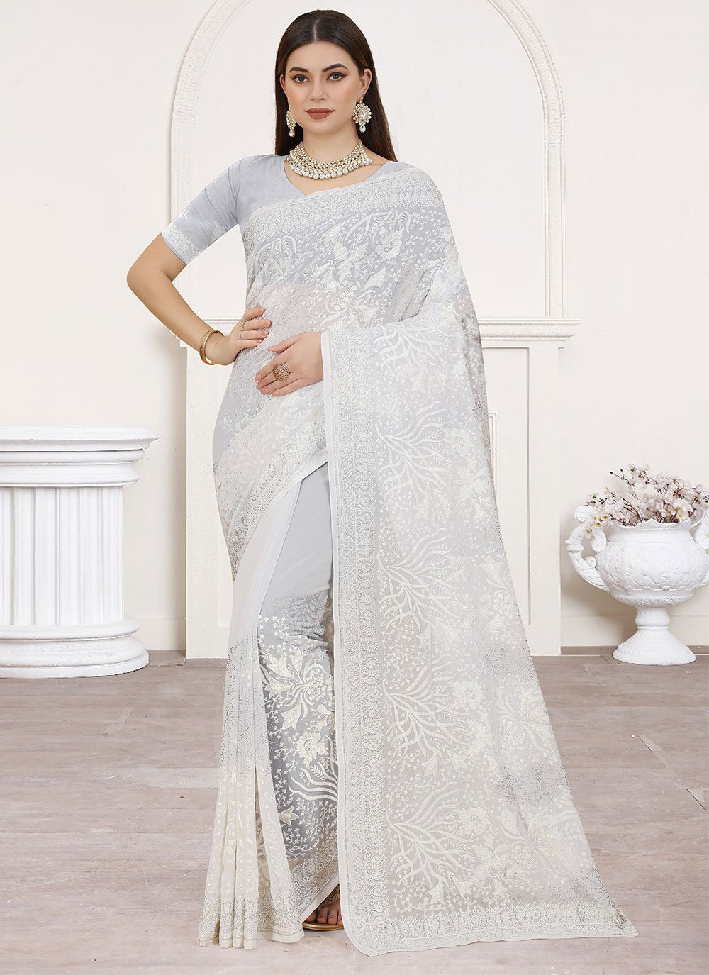 Classic Georgette White Embroidered Saree