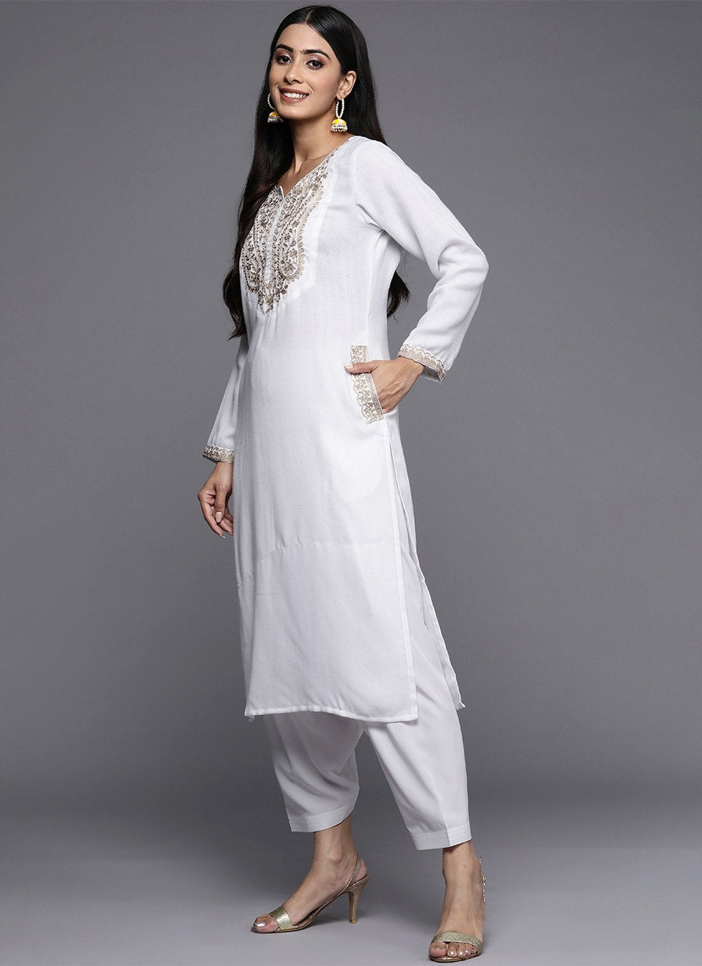 Designer Kurti Pashnima Silk White Embroidered Kurtis