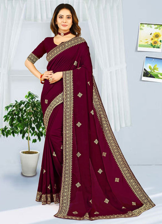 Contemporary Georgette Wine Embroidered Saree