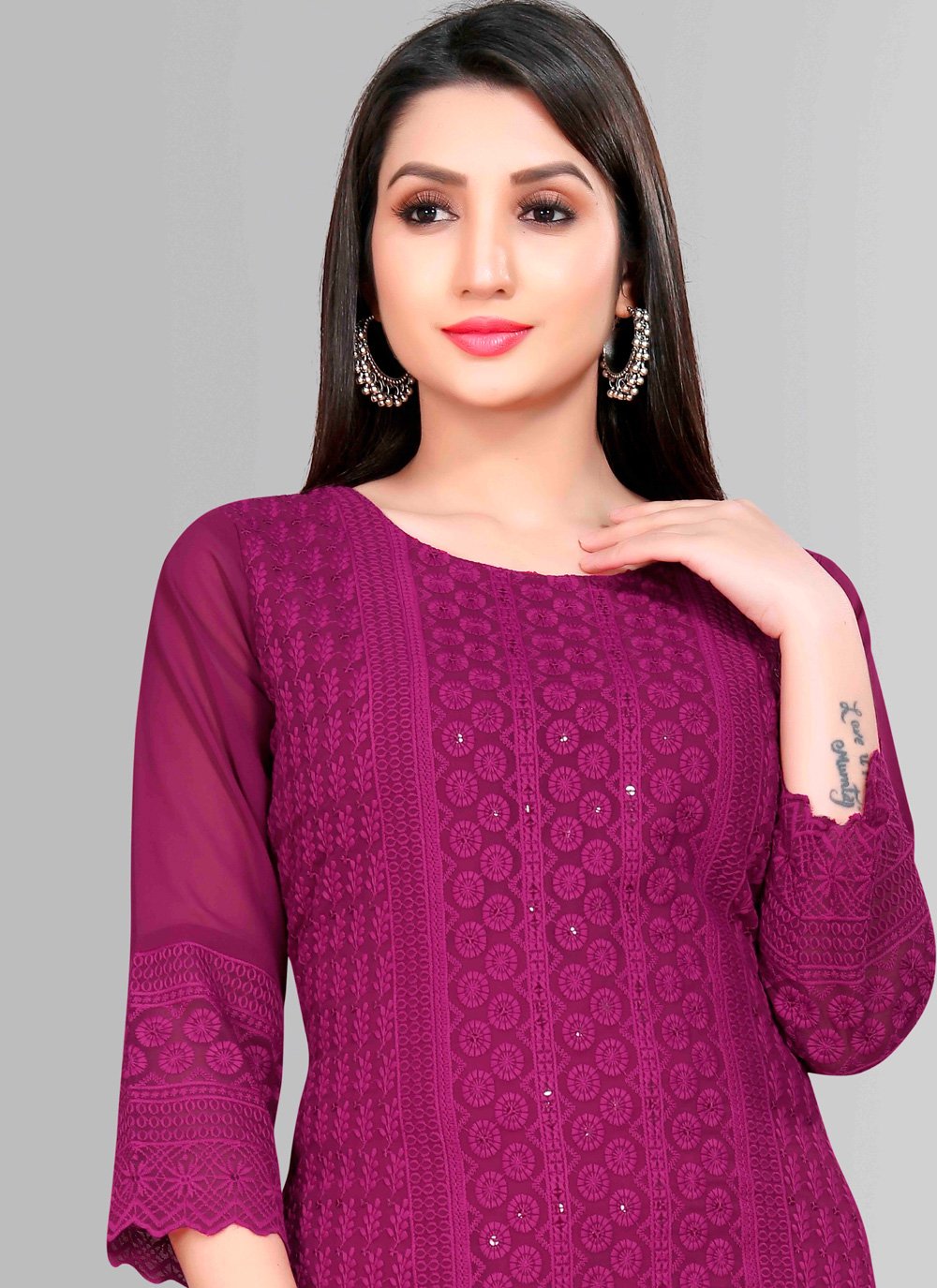 Designer Kurti Chiffon Georgette Wine Embroidered Kurtis