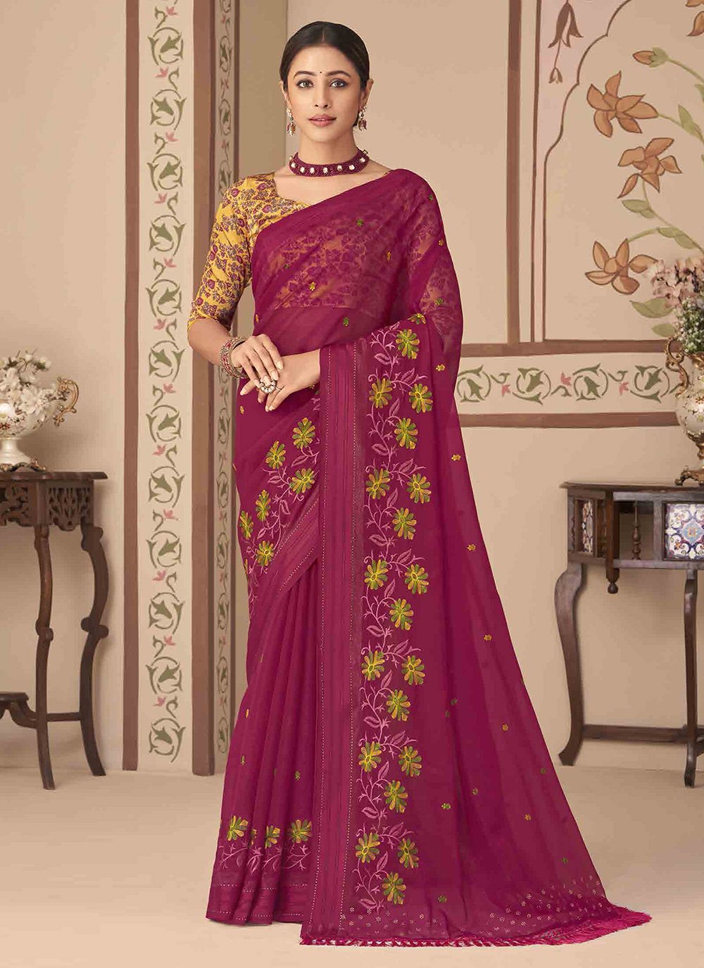 Trendy Saree Georgette Wine Embroidered Saree