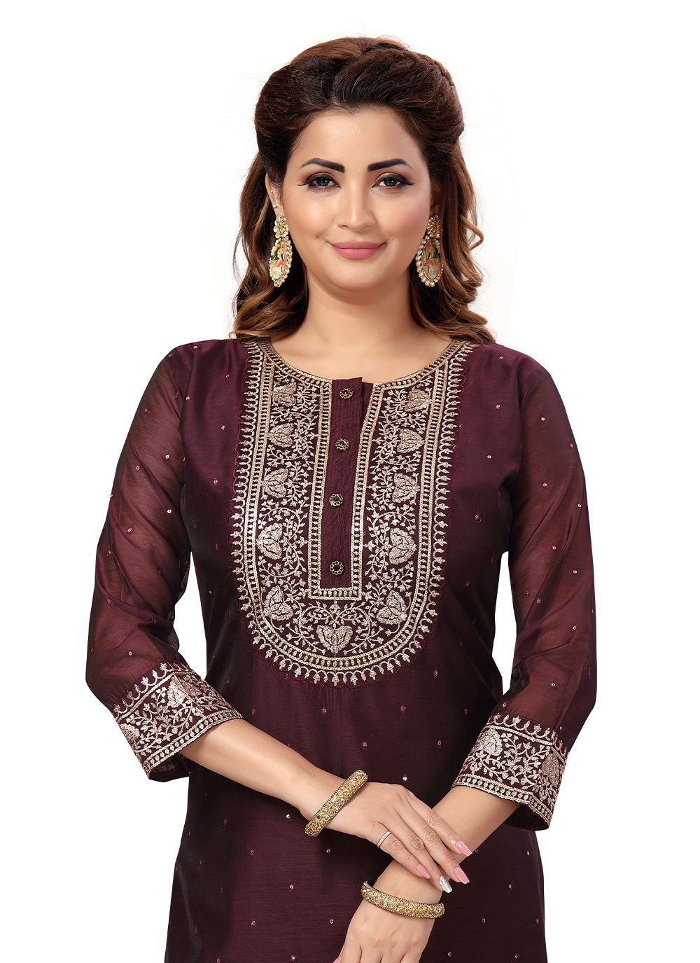 Pant Style Suit Chanderi Wine Embroidered Salwar Kameez