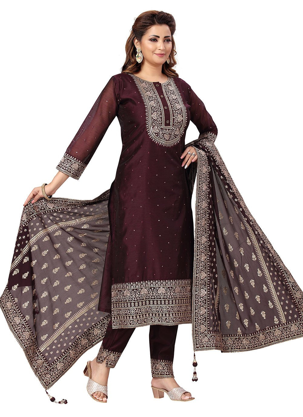 Pant Style Suit Chanderi Wine Embroidered Salwar Kameez