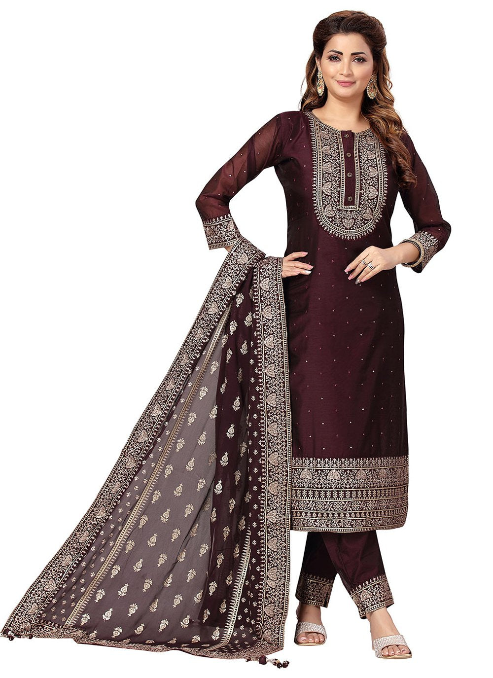 Pant Style Suit Chanderi Wine Embroidered Salwar Kameez