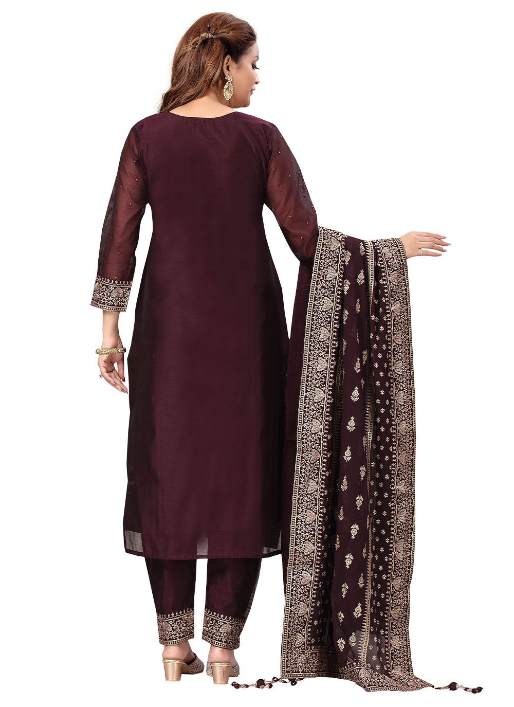 Pant Style Suit Chanderi Wine Embroidered Salwar Kameez