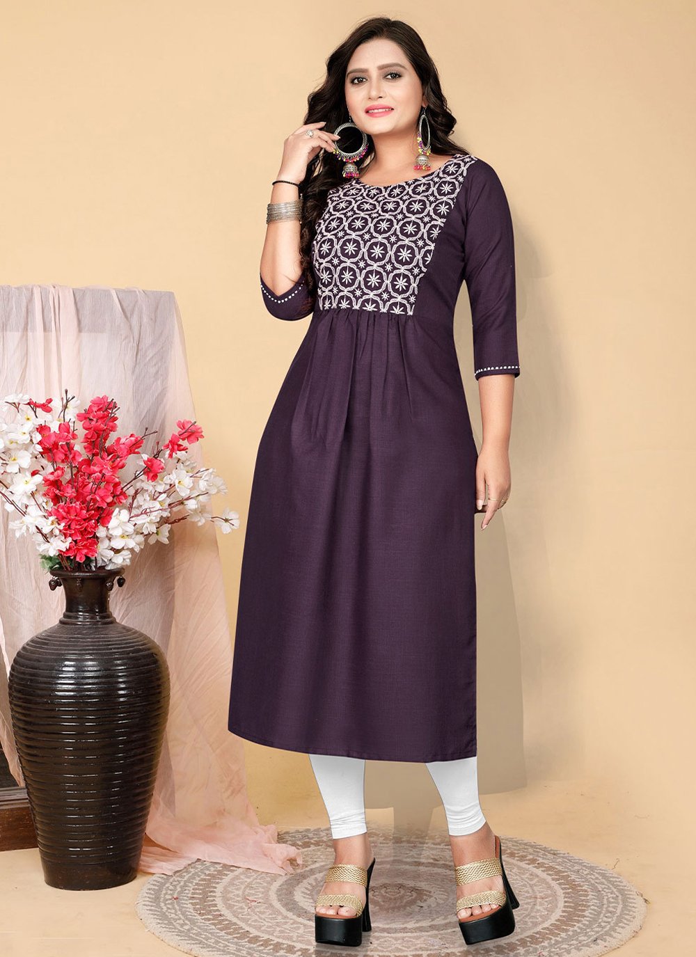 Party Wear Kurti Cotton Wine Embroidered Kurtis