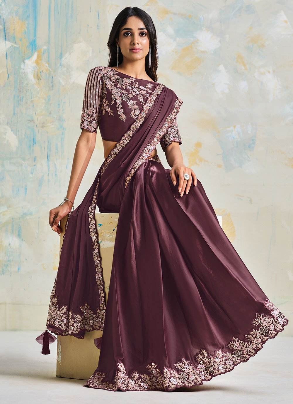 Contemporary Satin Silk Wine Embroidered Saree