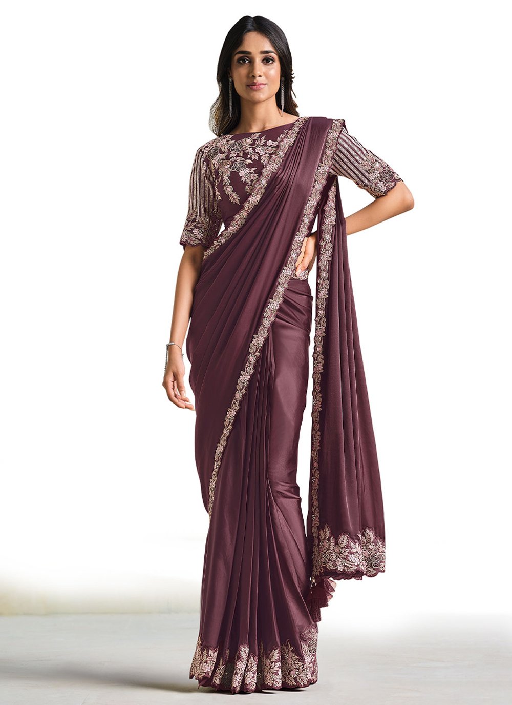 Contemporary Satin Silk Wine Embroidered Saree