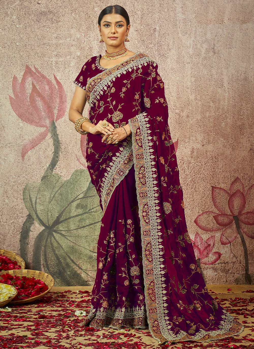 Contemporary Organza Silk Wine Embroidered Saree