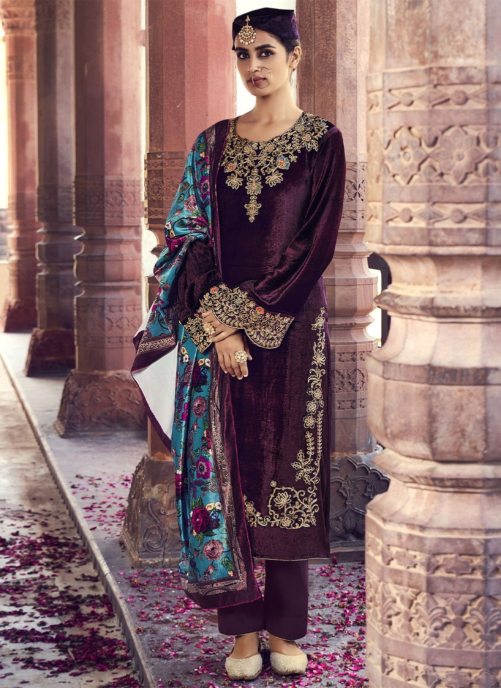 Trendy Suit Velvet Wine Embroidered Salwar Kameez