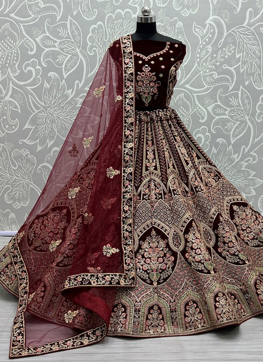 Lehenga Choli Velvet Wine Diamond Lehenga Choli