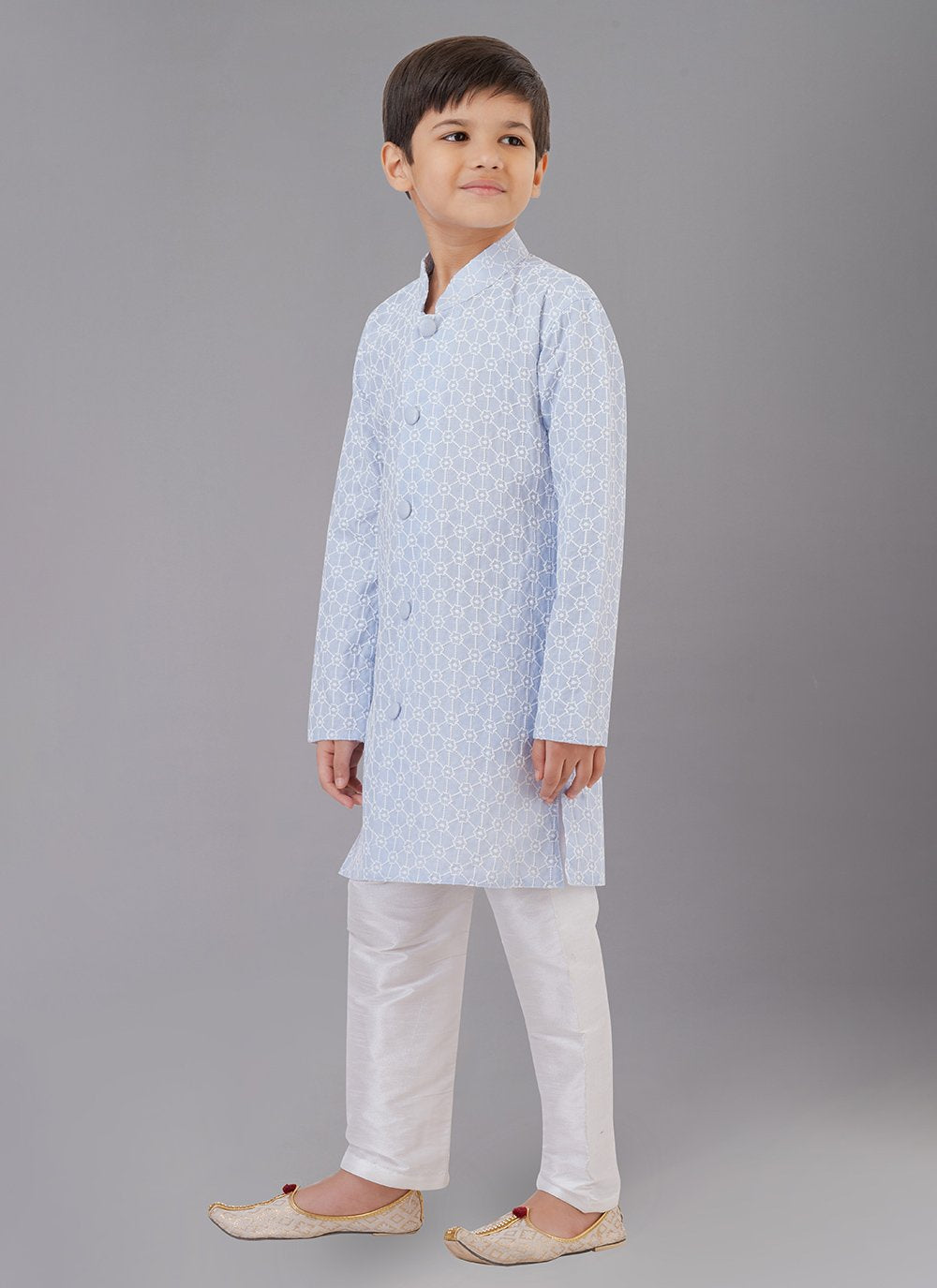 Kurta Pyjama Cotton Silk Aqua Blue Embroidered Kids