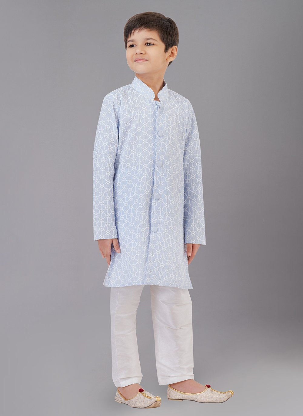 Kurta Pyjama Cotton Silk Aqua Blue Embroidered Kids