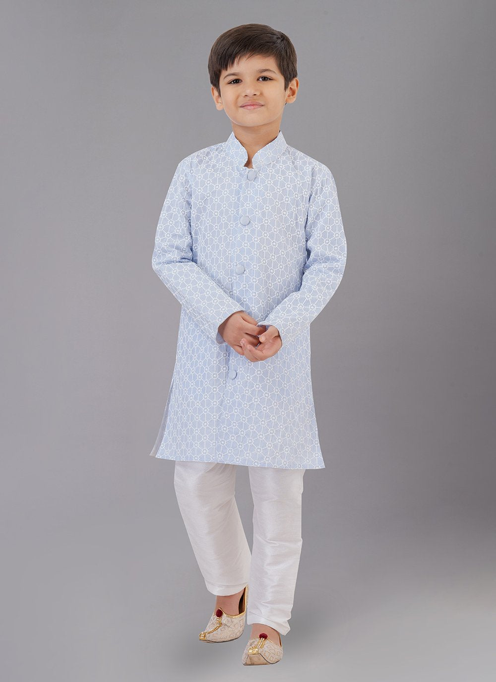 Kurta Pyjama Cotton Silk Aqua Blue Embroidered Kids