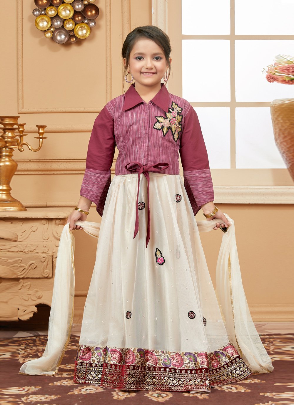 Lehenga Choli Cotton Silk Maroon Embroidered Kids