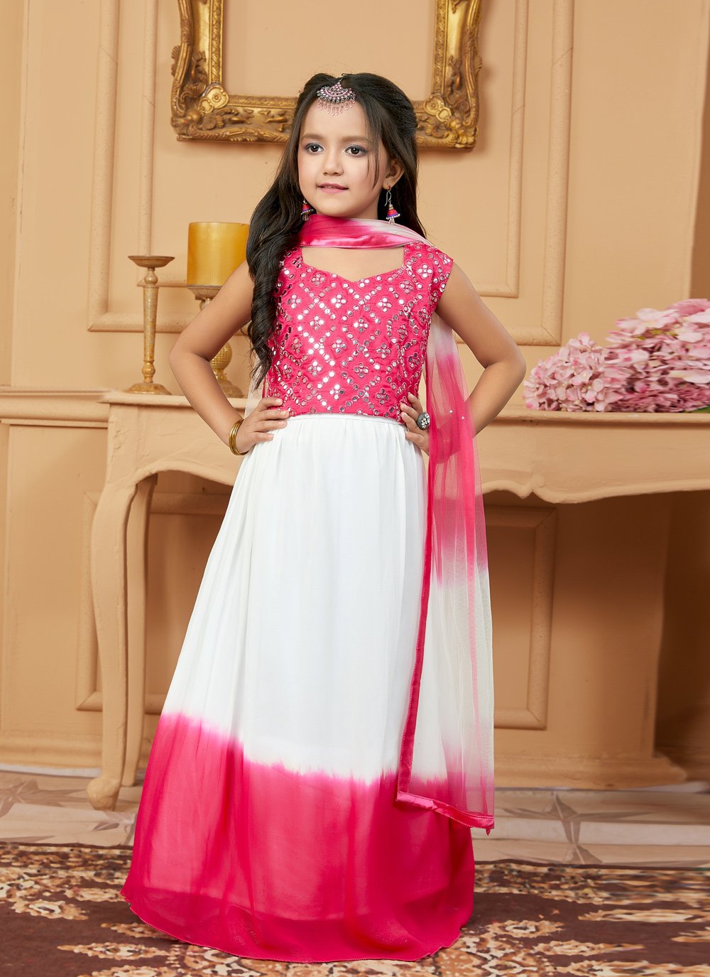 Lehenga Choli Faux Georgette Rani Embroidered Kids