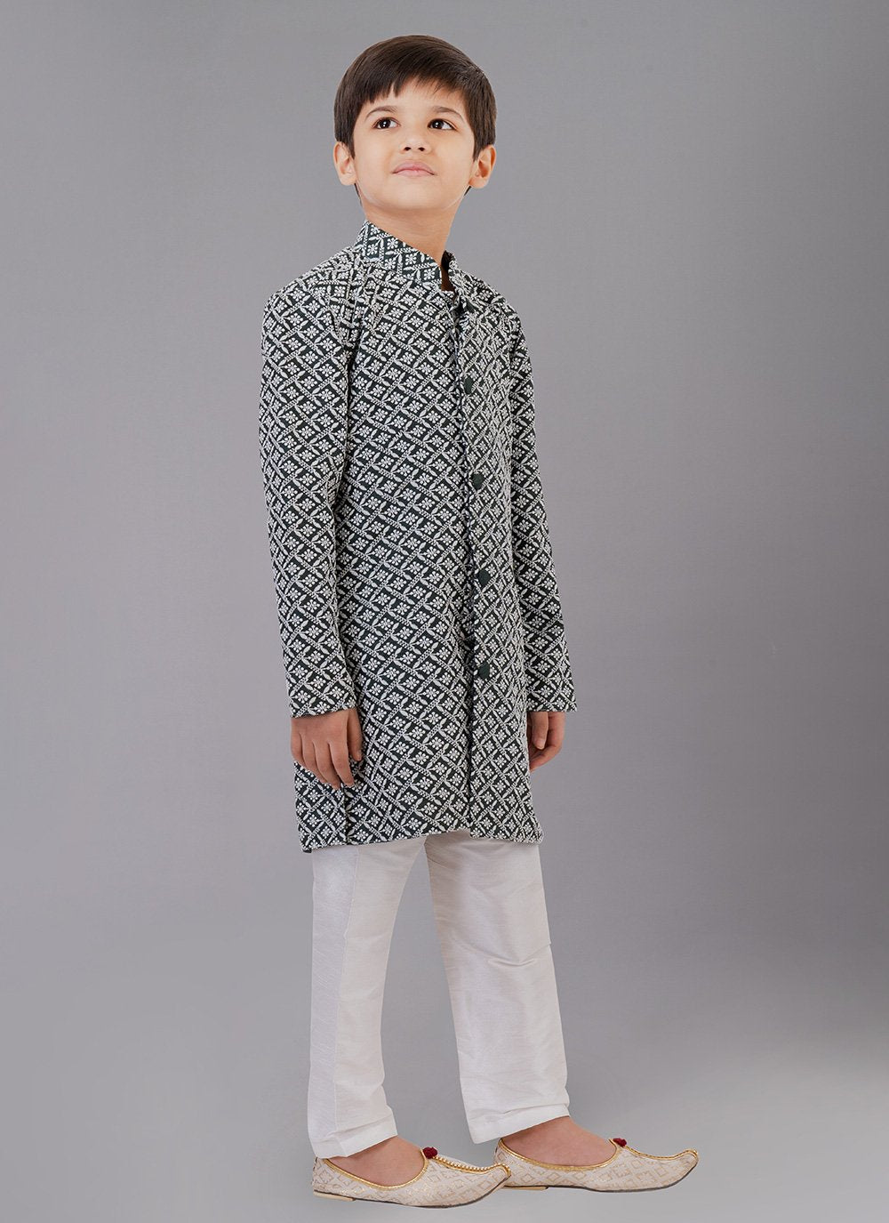 Kurta Pyjama Cotton Silk Green Embroidered Kids