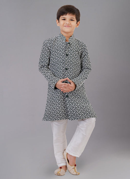 Kurta Pyjama Cotton Silk Green Embroidered Kids